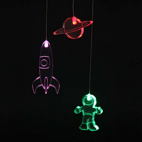 safe LED colour changing night light with spaceman, rocket and planet